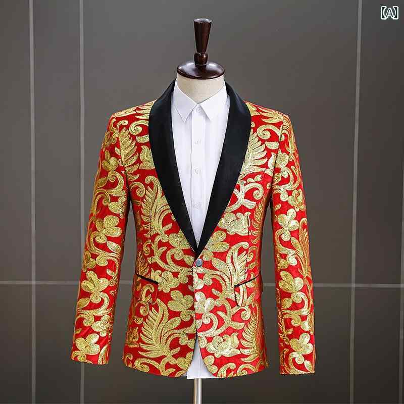 Rakuten - スーツジャケット メンズ 男性用 ベロア ベルベット スパンコール ラメ 刺繍 スリムフィット 高級感 宴会 結婚式 ウェディング パーティー 披露宴 舞台 発表会 フォーマル 礼服 レッド パープル ゴールド オールシーズン ウォッシャブル