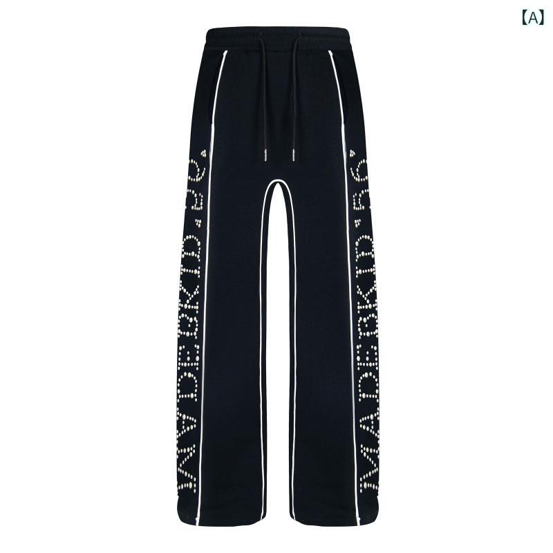 ・カテゴリ: スポーツカジュアルスウェットパンツ・スタイル: アメリカン・主な素材: 綿65%・シルエット: ストレート・丈: フルレングス・ウエスト: ミッドライズ・ウエストベルト: 付属・開閉: ドローストリング・厚さ: 標準・柄: アルファベット・シーズン: オールシーズン・対象: 若年層・着用シーン: カジュアル・裾口: ストレート・加工: ホットフィックス・デザイン: パッチワーク・伸縮性: ミドルストレッチ・カラー展開: ブラック、グレー、ネイビー・サイズ展開: M、L、XL・特徴: オリジナルデザイン・機能: 色落ちしにくい・対象性別: メンズ