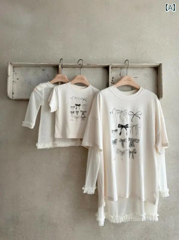 Tシャツ キッズ 女の子 親子ペア 春夏 コットン リボン 花柄 プリント 半袖 ゆったり カジュアル トップス お揃い