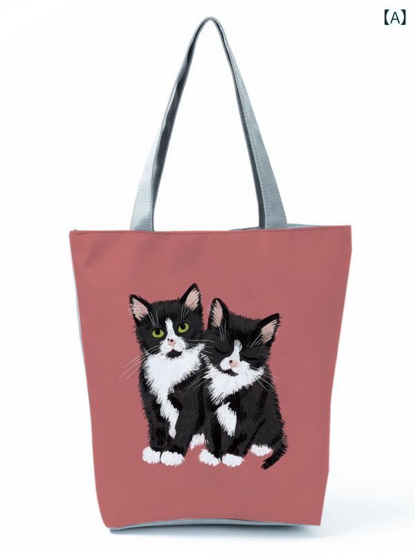 トート レディース 日常使い シンプル キャラクター かわいい猫 携帯便利 軽量 実用的 ポリエステル 縦..