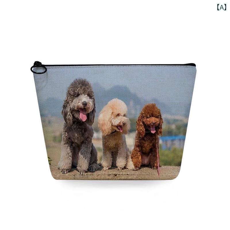ポーチ レディース 犬柄プリント クラッチバッグ 大容量 コスメ収納 おしゃれ リネン 麻 横型 スクエア型 ファスナー開閉 多機能 小物入れ 普段使い 旅行