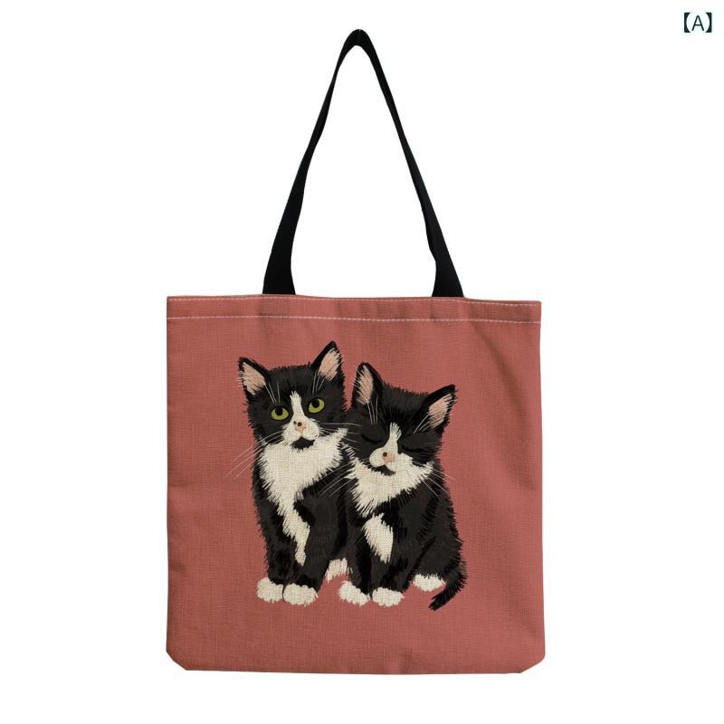 ショルダーバッグ レディース 韓国風 かわいい 猫柄 プリント トートバッグ 肩掛け 手提げ 普段使い 大容量 エコバッグ おしゃれ 便利 オールシーズン
