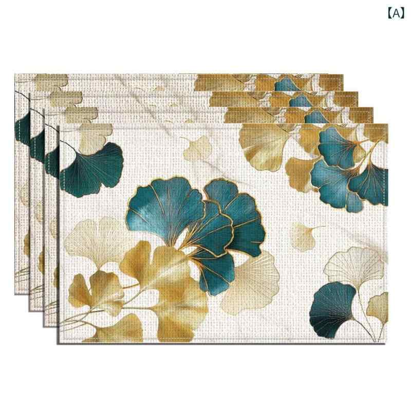ランチョンマット 緑の葉 イチョウ柄 アートデザイン ポリエステル製 日常使い 食卓 来客用 食事用 キ..