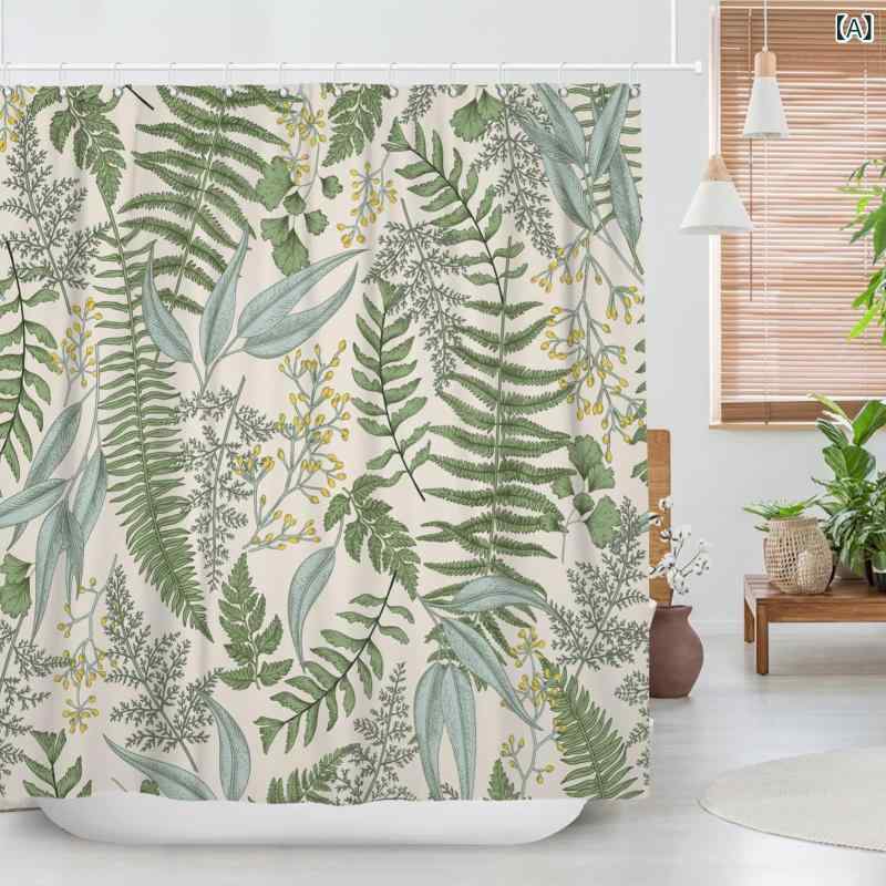 シャワーカーテン レトロ ヴィンテージ シダの葉柄 セージ ユーカリ ボタニカル フラワー 花柄 カントリー ファームハウス ナチュラル 防水 緑 グリーン ポリエステル バスカーテン お風呂 バスルーム インテリア
