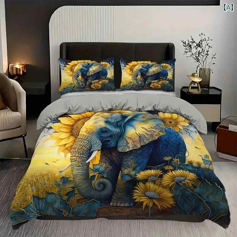 布団カバー 寝具 象柄 ひまわり 油絵風 デジタルプリント アートデザイン カラフル 北欧スタイル ポリ..