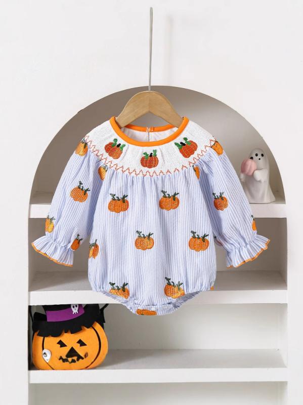 ロンパース ベビー 女の子 秋 春秋 長袖 カバーオール 前開き かわいい かぼちゃ 刺繍 ハロウィ ...