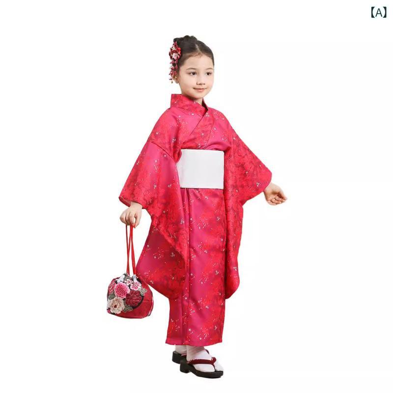 和服 女の子 子供 キッズ 振袖 着物 フォーマル 正装 和装 発表会 舞台 イベント 旅行 記念撮影 蝶々結び 花柄 ポリエステル 衣装 セット 100-140cm