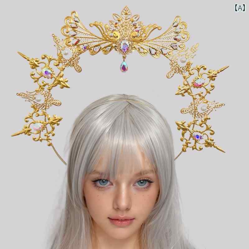ヘッドドレス カチューシャ ユニセックス クラウン 聖母マリア 光輪 ハロ 額飾り 髪飾り ゴージャス 華..