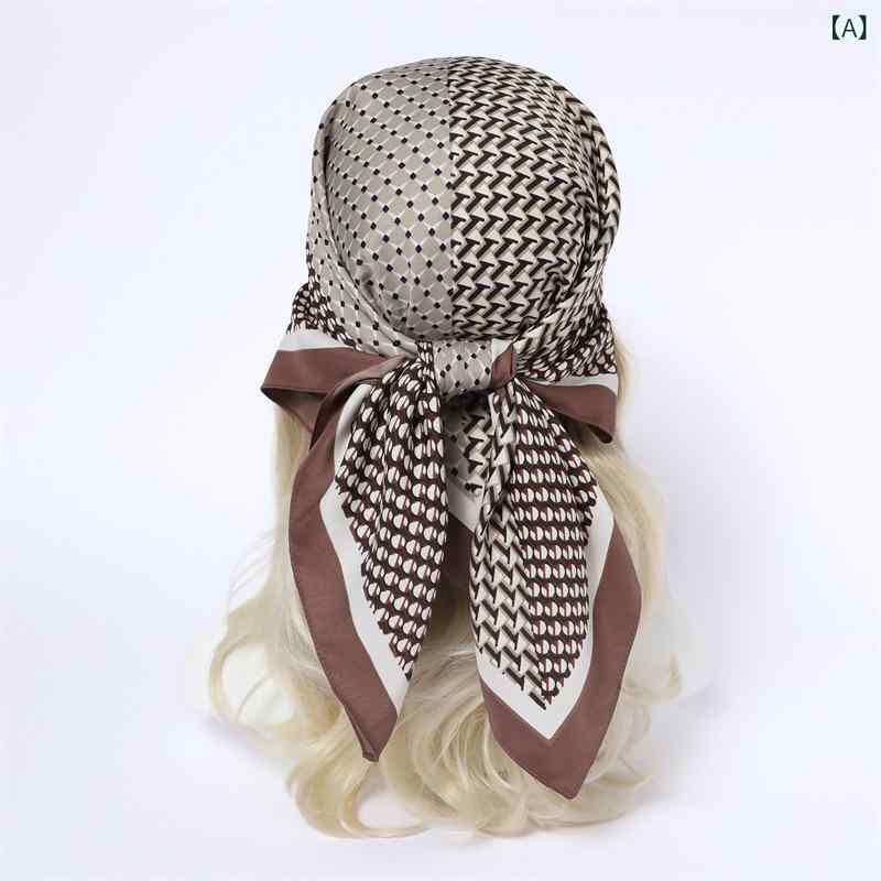 スカーフ レディース 90cm 大判 正方形 ショール ストール ヘッドスカーフ ブリットスタイル 幾何学模様プリント シルク調 ポリエステル素材 おしゃれ 万能 オフィス カジュアル カーキ