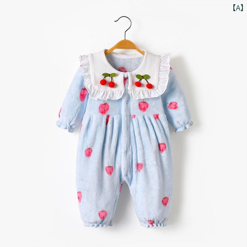 パジャマ キッズ 女の子 秋冬 フランネル 厚手 つなぎ ロンパース イチゴ柄 もこもこ 防寒 保暖 ルームウェア ベビー 部屋着 かわいい