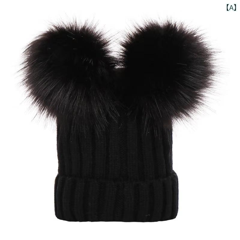 Hats - ニット帽 ベビー 赤ちゃん リブ編み ダブルポンポン 配色デザイン アクリル100% 欧米風 秋冬春 防寒 暖かい かわいい 0ヶ月-12ヶ月