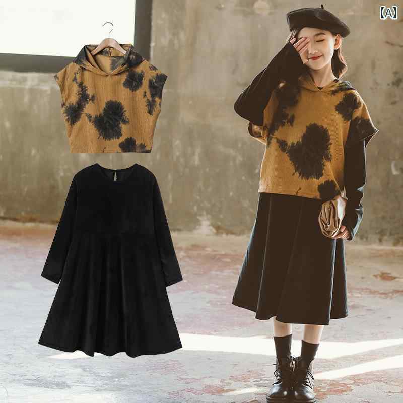 ワンピース 女の子 ジュニア キッズ 春秋冬 フード付き 長袖 コーデュロイ タイダイ染め ベスト セットアップ ツーピース 超ソフト 韓国風 かわいい おしゃれ カジュアル お出かけ