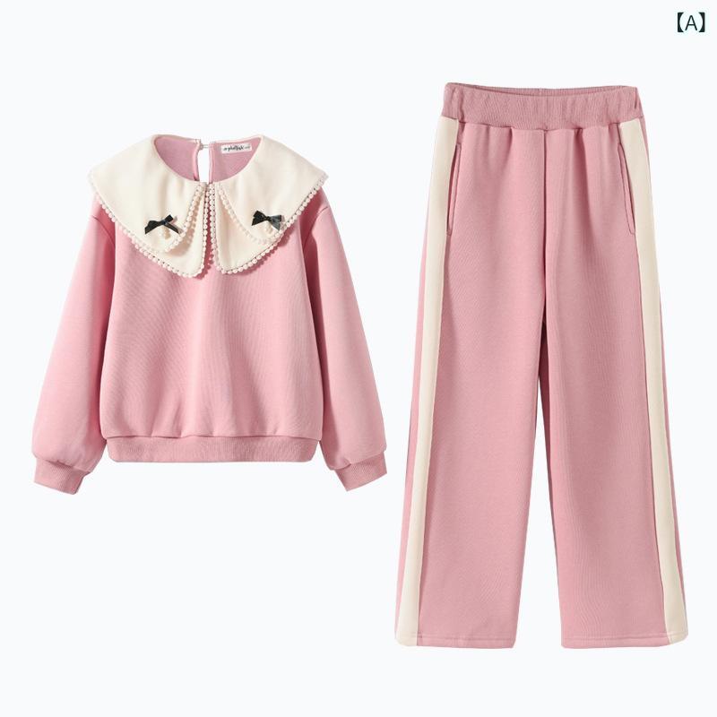 キッズ 女の子 ジュニア スウェット トレーナー 長袖 長パンツ 上下セット セットアップ リボン襟 カジュアル デイリー 春秋 綿 コットン ピンク ソフトタッチ かわいい スイート