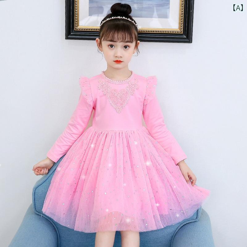装饰品, 发饰, 吊带, 领带 - ワンピース 女の子 子供服 かわいい おしゃれ プリンセスドレス 長袖 星柄 スパンコール チュール素材 秋 韓国ファッション ジュニア キッズ コットン 綿裏地 ピンク レッド パープル お出かけ パーティー フォーマル キラキラ エレガント