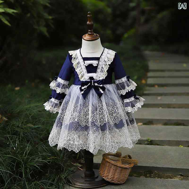 ワンピース キッズ 女の子用 秋冬 ロリータ プリンセスドレス ベルベット レース ボリュームスカート リボン 長袖 発表会 舞台 パーティー ダークブルー ポリエステル素材 コットン裏地 無地