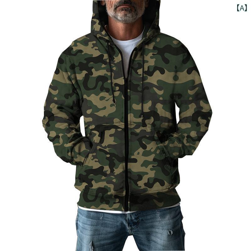 ジャケット 男性用 メンズ フード付き パーカー 迷彩柄 ミリタリーグリーン ジップアップ アウター ス..