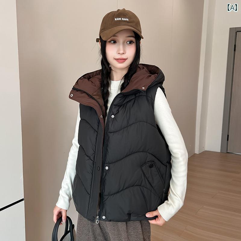 ベスト レディース フード付き 中綿 アウター 秋冬 韓国風 カジュアル ゆったり ルーズフィット スタンドカラー ジップアップ ポケット付き ミドル丈 ポリエステル 黒 白 カーキ