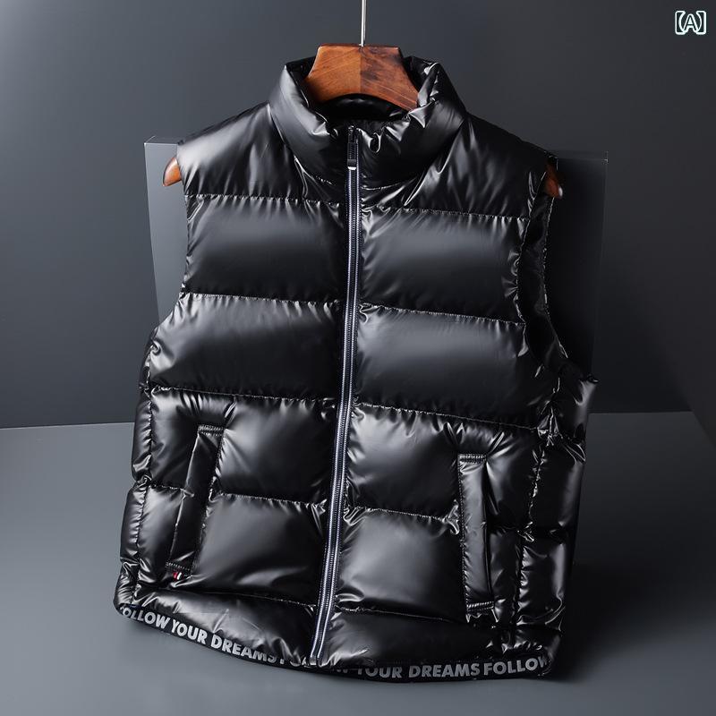 ベスト メンズ 男性用 中綿入り 光沢 フェイクレザー 軽量 防寒 保温 立ち襟 ビッグシルエット ゆったり 大きいサイズ 厚手 無地 カジュアル ジレ ブラック ブルー シルバー ゴールド 秋冬