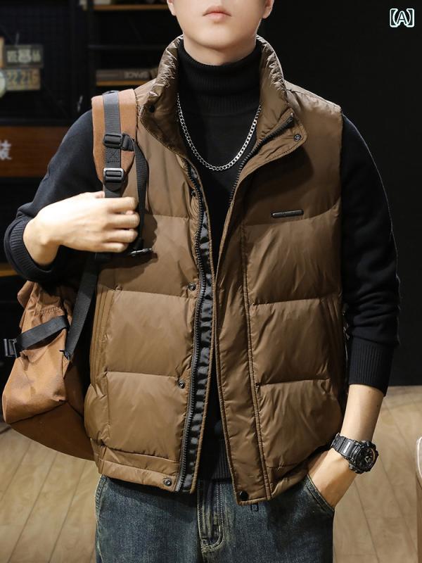 ダウンベスト メンズ 秋冬 高級感 アウター 厚手 防寒 保温 軽量 ポリエステル スタンドカラー スリムフィット 前開き 無地 スポーツ ..