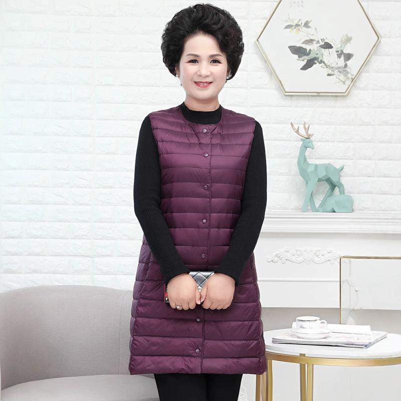 ダウンベスト レディース 軽量 薄手 ミドル丈 インナーダウン 大きいサイズ 中高年 ホワイトダックダウン ラウンドネック 前開き カジュアル 秋冬