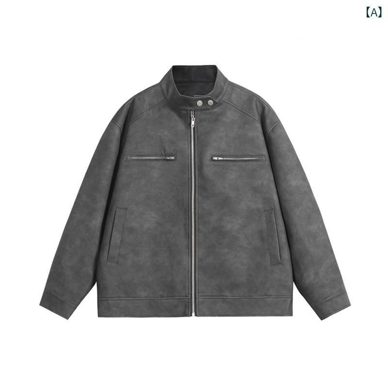 ブルゾン メンズ 男性用 PUレザー フェイクレザー フライトジャケット スタジャン ライダース風 スタンドカラー 高級感 防風 ゆったり ビッグシルエット レトロ カジュアル 春秋 ペア アウター