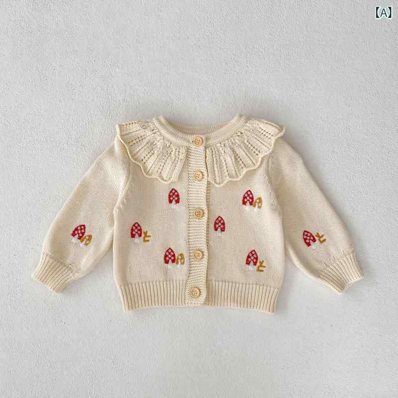 セットアップ ベビー 女の子 春秋 厚手 綿100% 長袖 刺繍 フリル襟 ニットトップス ショートサロペット ロンパース 2点セット 普段使い お出かけ着