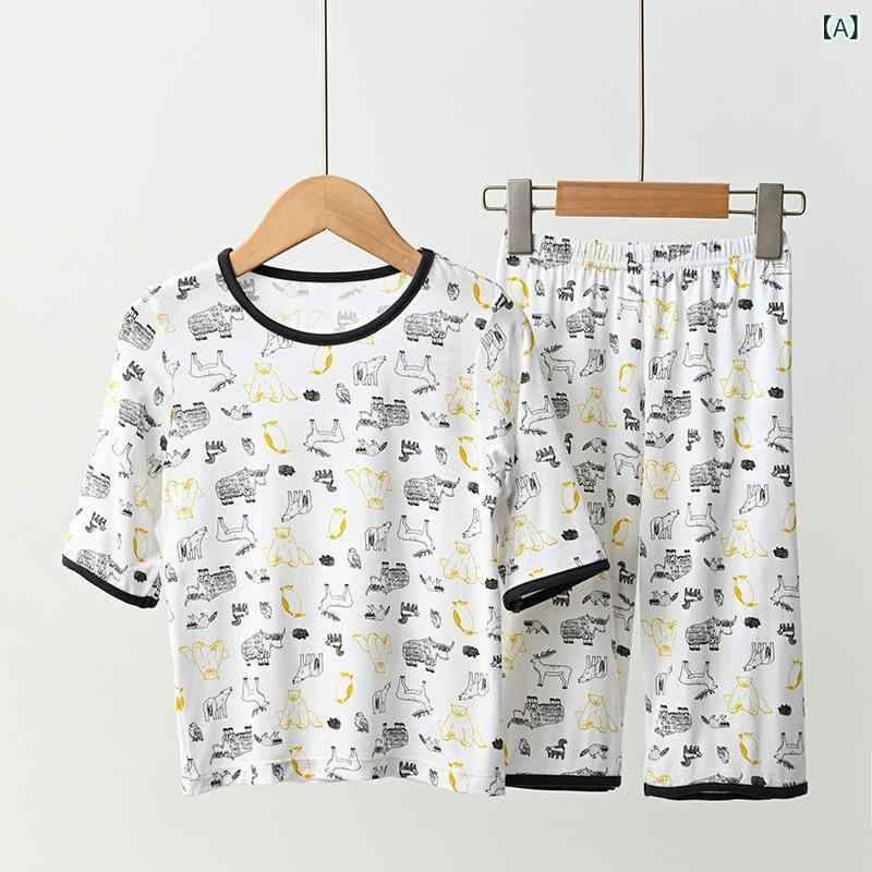 Tシャツ キッズ 男女兼用 半袖 七分パンツ パジャマ ルームウェア モダール 吸汗速乾 通気性 薄手 動物柄 かわいい カジュアル 部屋着 セットアップ