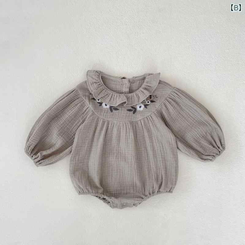 ロンパース 女の子 ベビー 秋冬 フリル襟 刺繍 長袖 綿100% カバーオール 新生児 肌に優しい カジュアル 普段着 お出かけ着 かわいい おしゃれ アイボリー ライトグレー