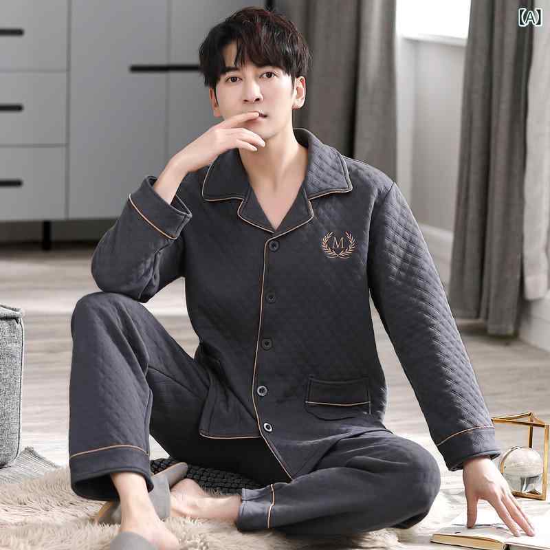パジャマ メンズ 男性用 秋冬春 薄手 エアコットン 二重構造 綿混 上下セット ルームウェア 開襟 長袖 ..