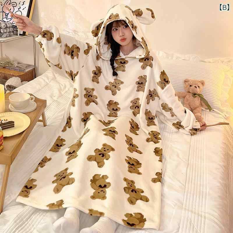 narukiのルームウェア レディース フランネル フード付き ロング丈 かわいい クマ柄 ゆったり 大きいサイズ 部屋着 もこもこ あったか 秋冬用 ナイトガウン バスローブ｜アングル2