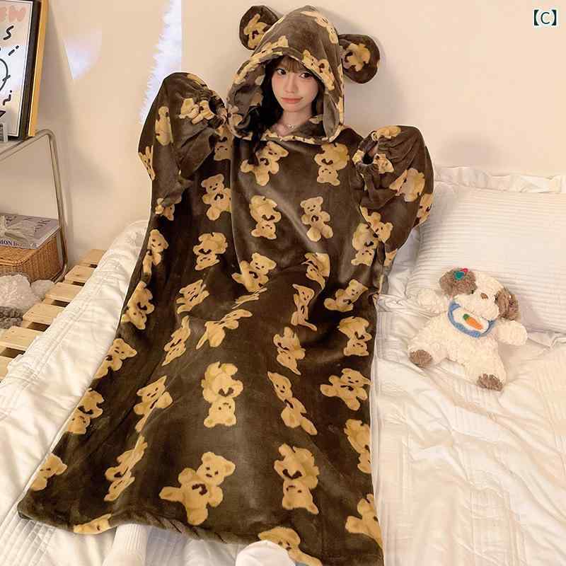 narukiのルームウェア レディース フランネル フード付き ロング丈 かわいい クマ柄 ゆったり 大きいサイズ 部屋着 もこもこ あったか 秋冬用 ナイトガウン バスローブ｜アングル3