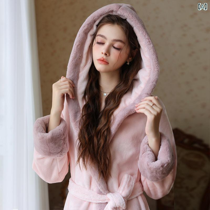 バスローブ レディース フランネル 厚手 ロング丈 長袖 フード付き ゆったり 暖かい ルームウェア ナイトガウン お風呂上がり 冬 プリンセス風 かわいい ピンク 大きいサイズ