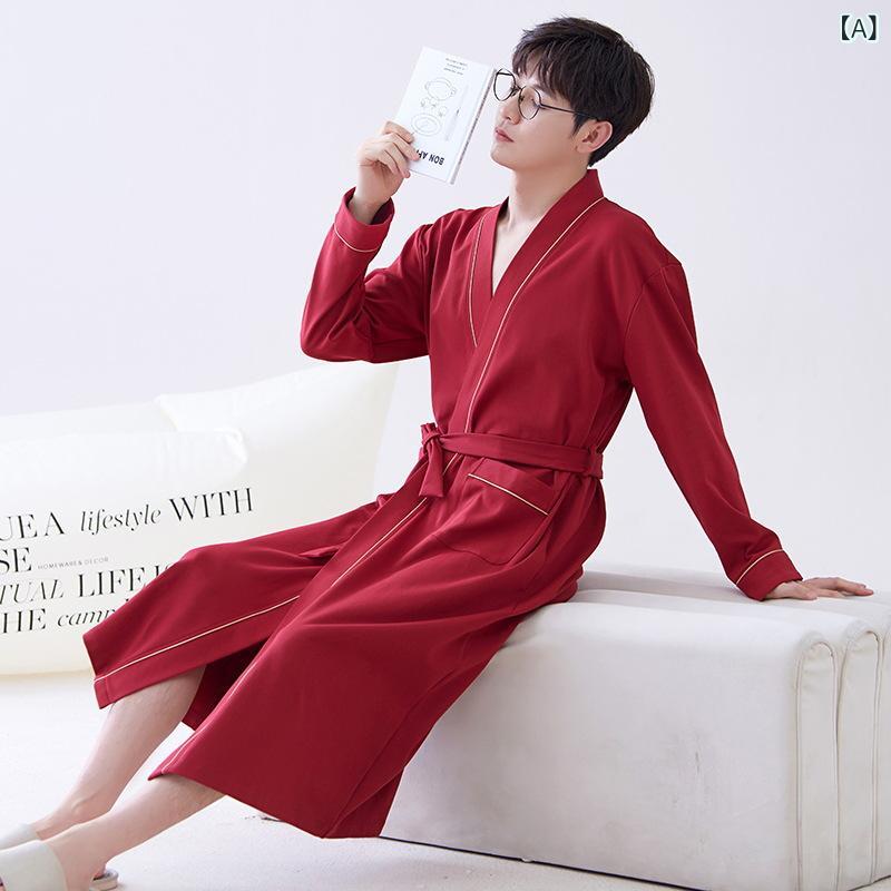 バスローブ メンズ 男性用 オールシーズン 綿100% コットン Vネック 和風 ガウン ルームウェア パジャマ 部屋着 リラックス 快適 通気性 羽織り シンプル 適度な厚み ワンマイルウェア