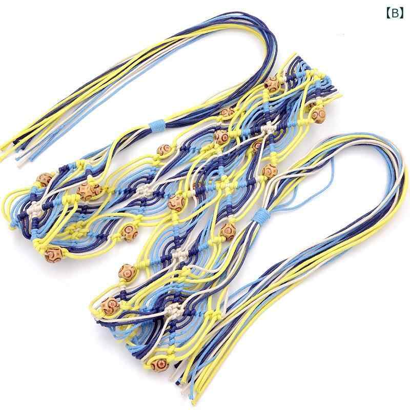 ベルト レディース ボヘミアン 民族風 レトロ 文芸風 蝋引き紐 ワックスコード 手編み 編み込み ウッドビーズ 木珠 カラフル 吉祥柄 太め 幅広 結び式 カジュアル 普段使い リゾート おしゃれ