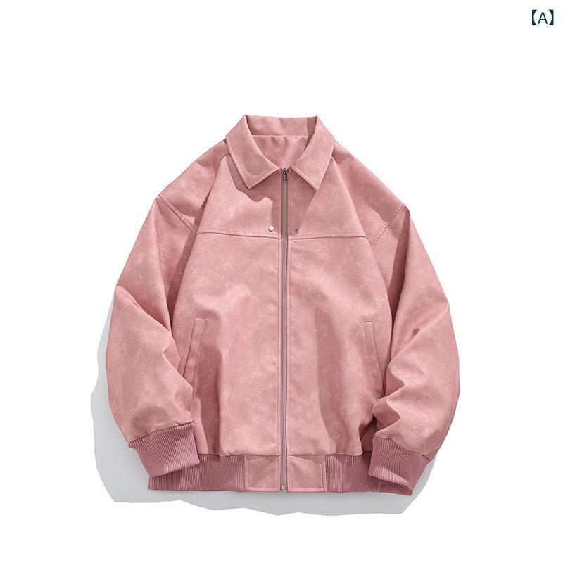 Jumper, Blouson - ライダースジャケット メンズ PUレザー フェイクレザー ルーズシルエット アメリカンレトロ ストリートカジュアル 春秋冬 長袖 ジップアップ
