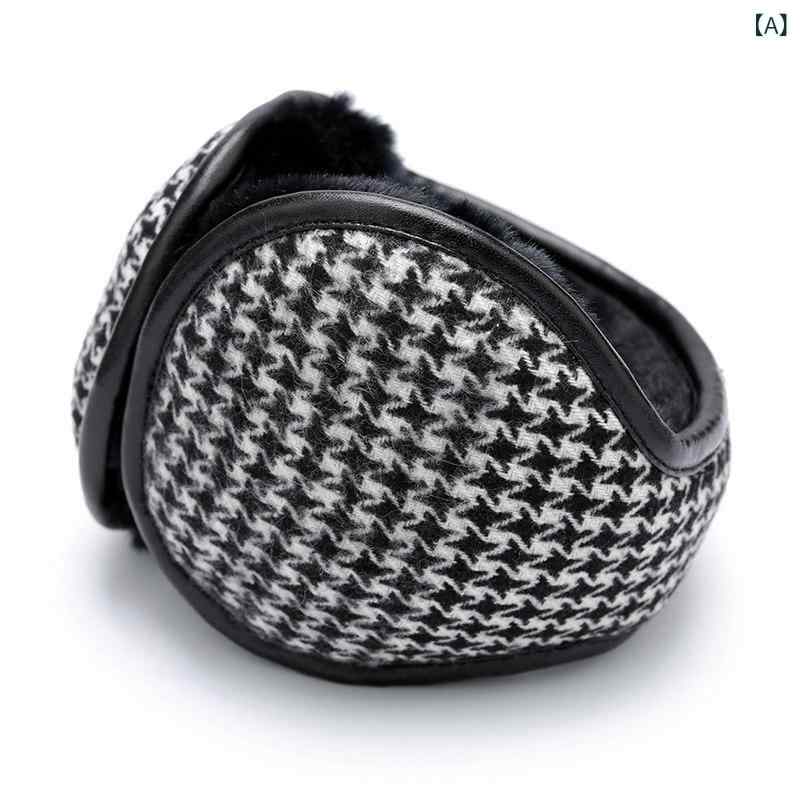 イヤーマフ 男女兼用 秋冬 バックアーム式 イヤーウォーマー 韓国風 厚手 保温 防寒 耳当て 折りたたみ サイズ調節 ホワイト 千鳥格子柄 アウトドア カジュアル(4.0)