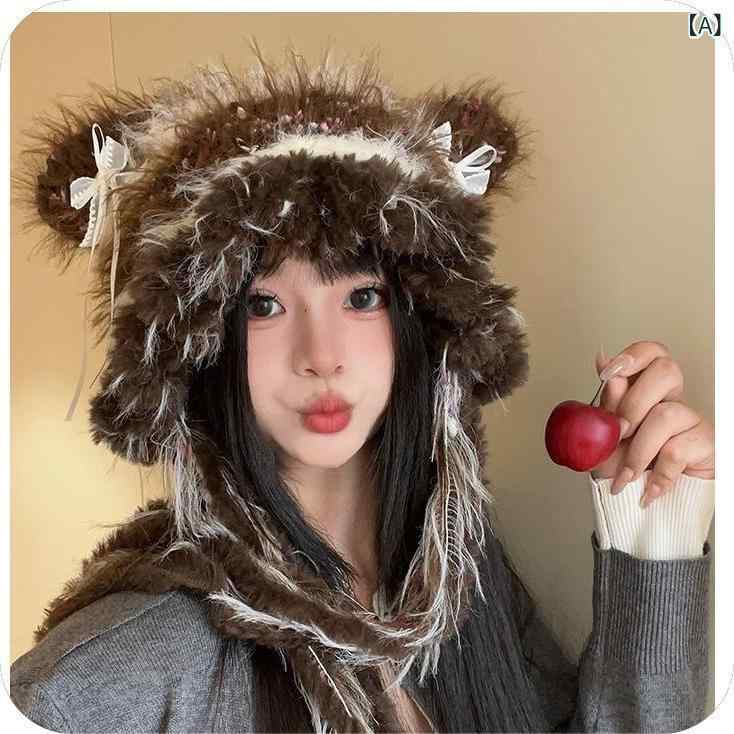 乐天商城 - ニット帽 レディース 女性用 秋冬 フライトキャップ 耳当て付き 保温 防寒 あったか ストライプ柄 切り替え 厚手 ラウンドトップ 綿 ポリエステル混素材 普段使い デイリーユース カジュアル お出かけ ブラウン系 アイボリー カーキ