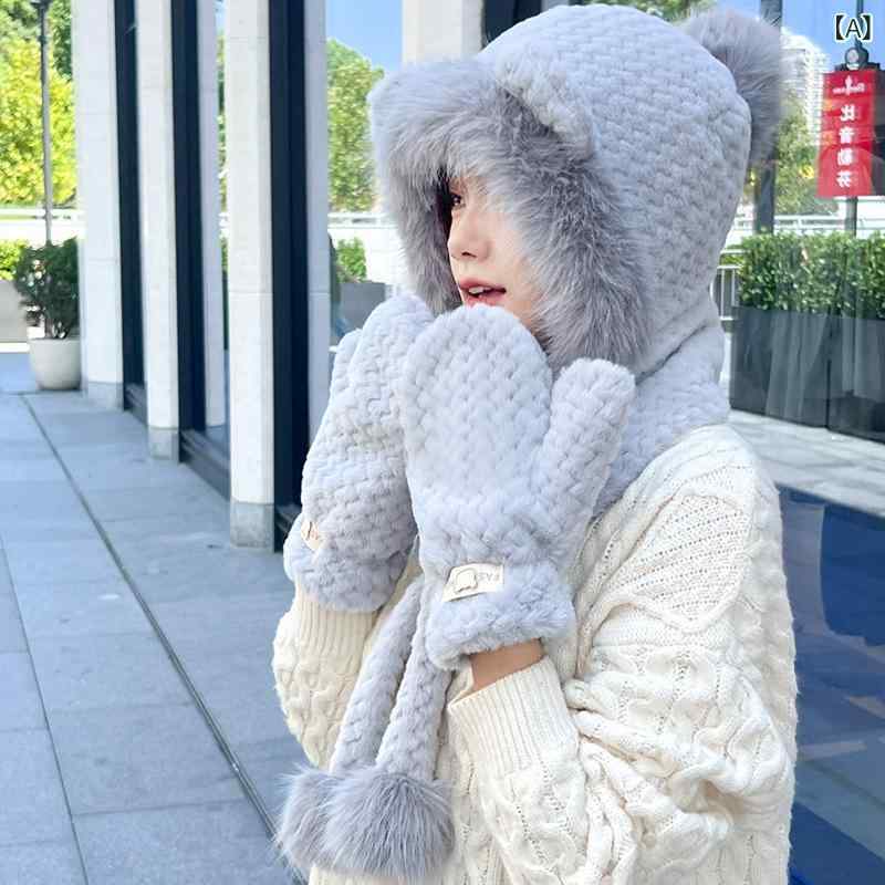 帽子 レディース クマ耳 フード付き ネックウォーマー 手袋 グローブ かわいい あったか ふわふわ もこもこ ボア 3点セット 防寒 保温 学生 通学 デイリー 秋冬 冬