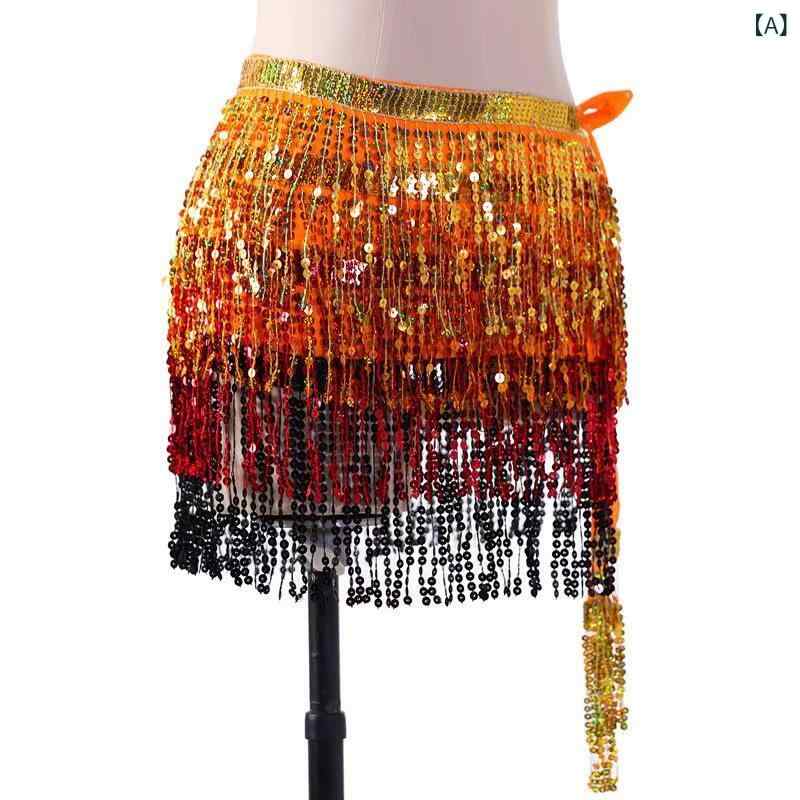 ヒップスカーフ 男女兼用 布製 インド舞 ベリーダンス 舞台 発表会 イベント ハロウィン 練習着 衣装 ボヘミアン スパンコール 四重フリンジ カラフル ウエストチェーン(x2)(4.0)