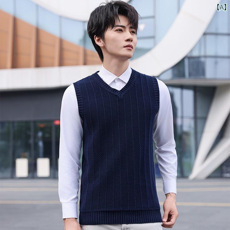 ・スタイル: 韓国風・デザイン: プルオーバー・ネックライン: Vネック・袖丈: ノースリーブ・フィット: レギュラー・厚み: 普通・柄: ストライプ、無地・素材: 綿100%・着用シーン: カジュアル・対象: 青年層・加工: ジャカード織り・カラー展開: ロイヤルブルー、マスタード、ベージュ・サイズ展開: S、M、L、XL、XXL、3XL・性別: メンズ