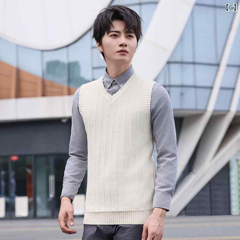 narukiのベスト メンズ Vネック ノースリーブ ニット 綿 秋冬 韓国風 ジャガード織り ウェーブ柄 カジュアル 普段使い 通勤 オフィス｜アングル3