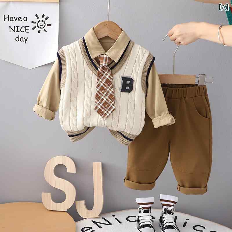 キッズ 男の子 ベビー服 韓国ファッション スリーピース セットアップ 上下セット ネクタイ Bロゴ セーター ベスト ロングパンツ 綿混 やわらか肌触り 春秋 長袖 お出かけ 普段着 ベージュ カーキ