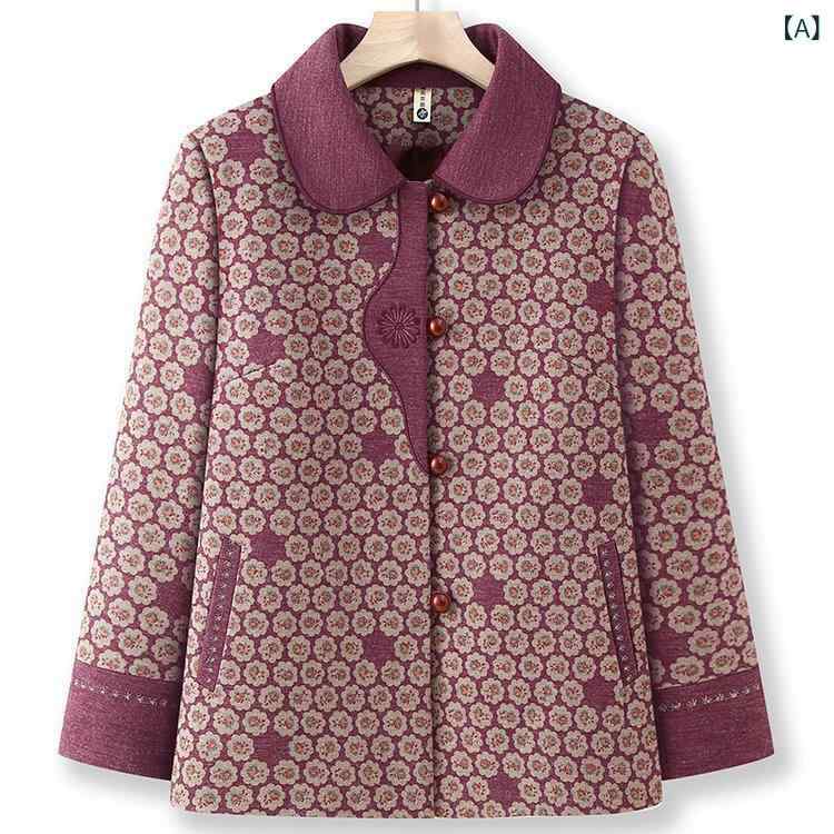 アウター 中高年女性 ミセス 60代 70代 ママ 春秋 秋冬 ジャケット 花柄 プリント ポケット シンプル エレガント 上品 きれいめ カジュアル 普段使い レッド ブルー 綿混 レギュラー丈