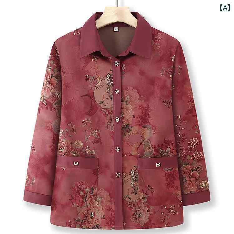 シャツ ブラウス 羽織り レディース ママ ミセス シニア 母親 長袖 襟付き 薄手 春秋 トップス 綿混 ポリエステル 上品 きれいめ 通勤 オフィス 体型カバー レッド グリーン