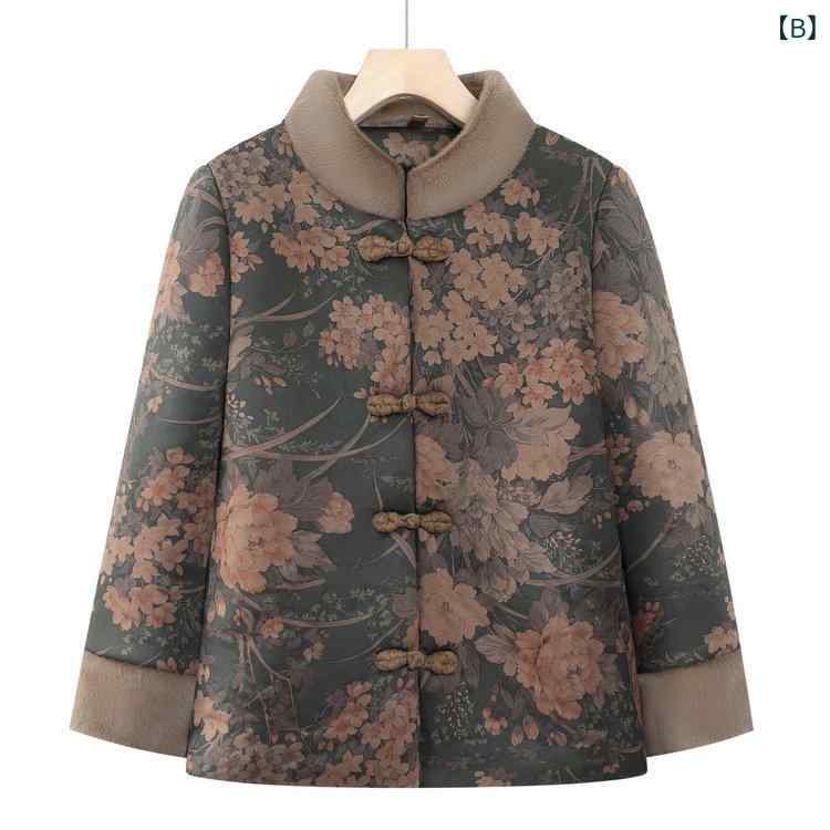 中綿ジャケット レディース 女性用 ミセス シニア 婦人 秋冬 裏起毛 厚手 暖かい 保温性 防寒 中華風 チャイナ風 慶事 お祝い 花柄 レトロ スタンドカラー 立ち襟 シングルボタン ミドル丈 ファー襟付き レッド グリーン ワインレッド 赤 緑 え narukimar-10444753 naruki サンプル画像2