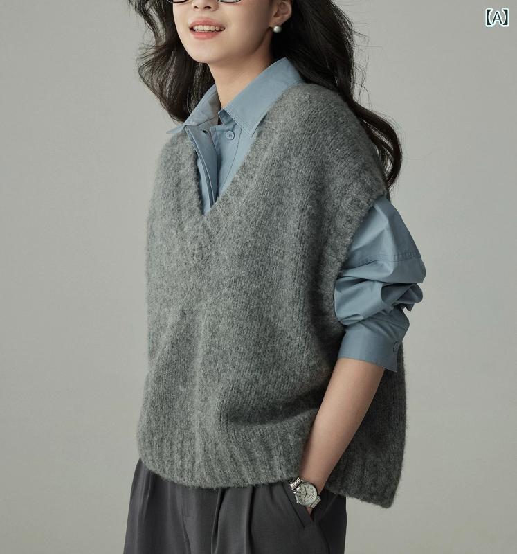 ニットベスト レディース ウール Vネック ジレ ルーズシルエット オーバーサイズ 厚手 レイヤード トップス 切り替え 韓国ファッション レトロ 秋冬 通勤 オフィス(4.0)