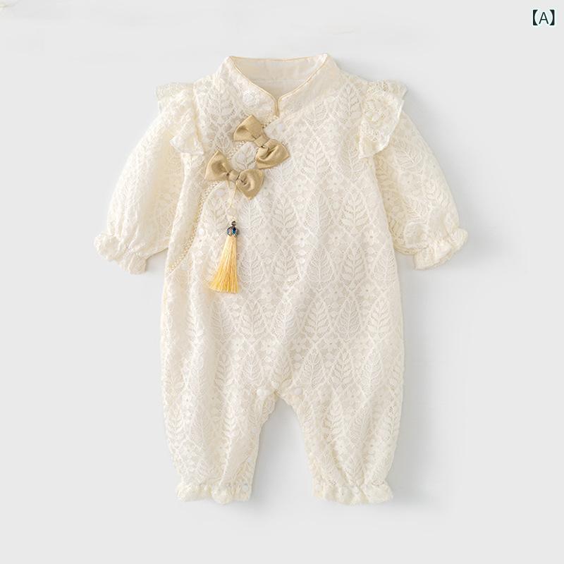 ・カテゴリ: ロンパース・スタイル: チャイナ風・主な素材: ナイロン92.2%・袖丈: 長袖・留め具: 斜め襟シングルボタン・対象性別: 女の子・対象年齢: 新生児（0〜1歳、身長80cm以下）・安全基準: A種・サイズ展開: 66（目安身長59-66cm）、73（目安身長66-73cm）、80（目安身長73-80cm）、90（目安身長80-90cm）