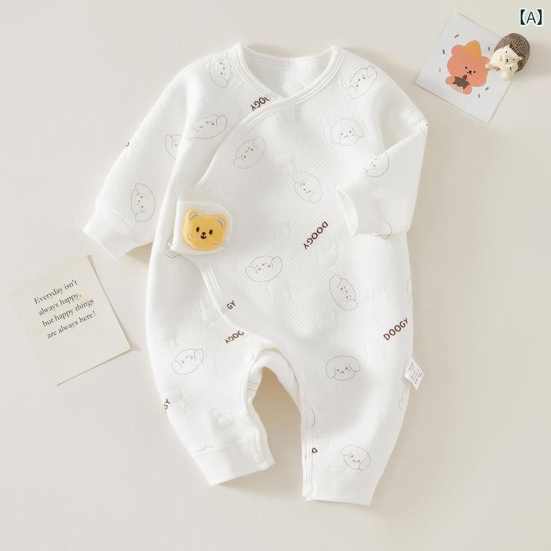 ロンパース ベビー 新生児 春秋冬 保温 合わせ肌着 空気層コットン 中綿入り 綿100% 肌に優しい 前開き 紐結び 長袖 男女兼用 カバーオール ふわふわ やわらか 退院着 出産祝い 普段使い