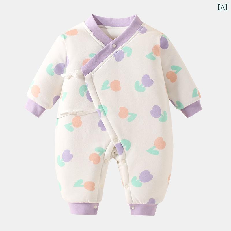 ロンパース ベビー 新生児 カバーオール 秋冬 キルティング 中綿 薄手 コットン 和服風 打ち合わせ フラットシーマ 縫い目なし お腹冷え防止 腹巻き 肌に優しい 長袖 パジャマ 部屋着 普段着
