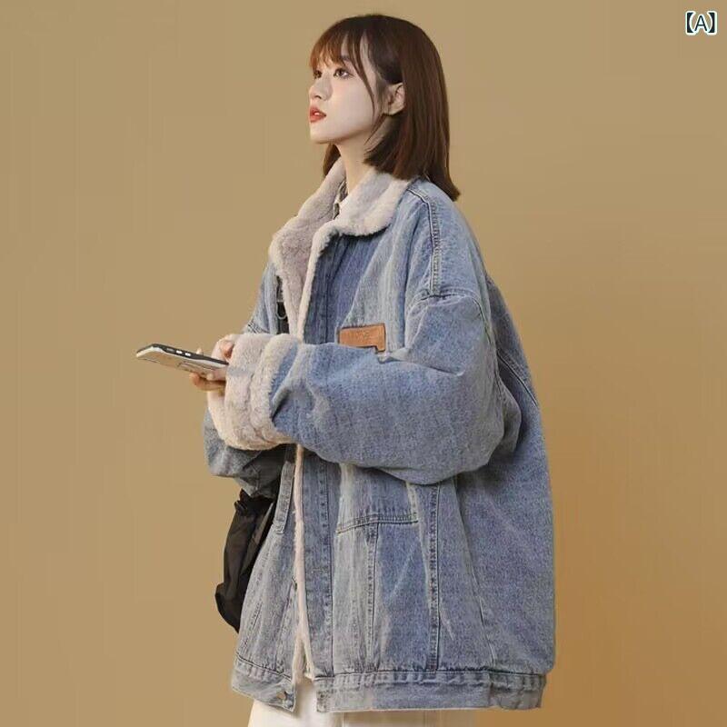 跳線其它 夾克 - Gジャン レディース 大きいサイズ ぽっちゃり 裏ボア デニムジャケット 秋冬 厚手 暖か ゆったり ビッグシルエット コットン カジュアル 着痩せ ブルー ブラック